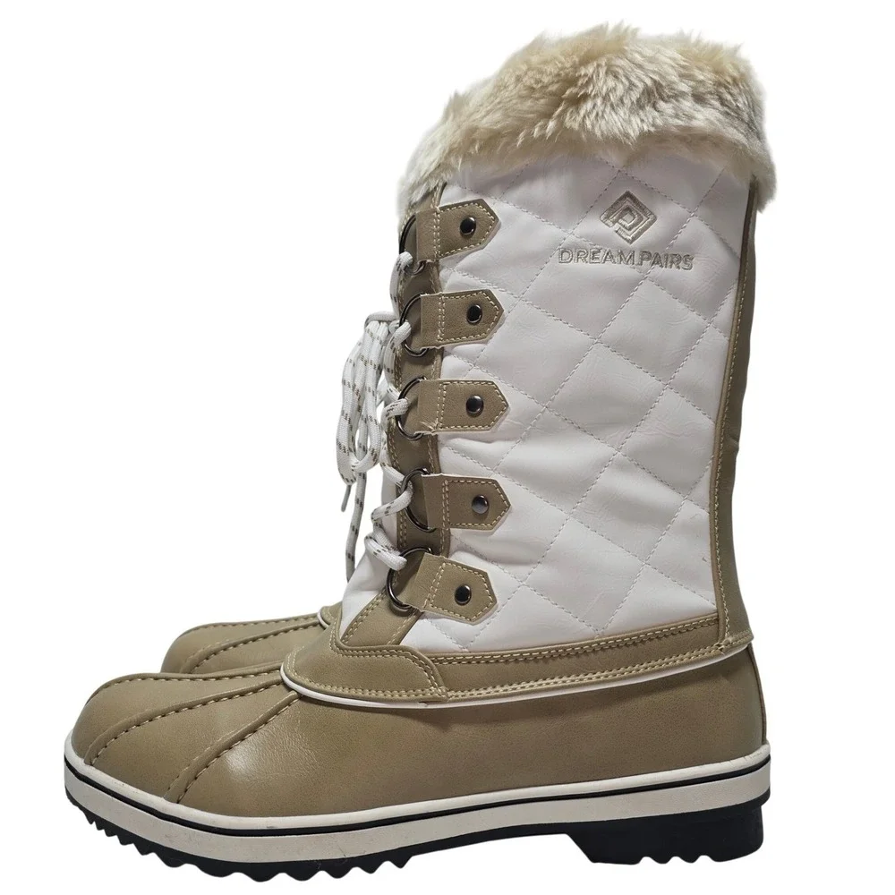 Dream Pairs River_1 Womens Snow Boots Khaki White 3M Thinsulate Faux Fur Size 10